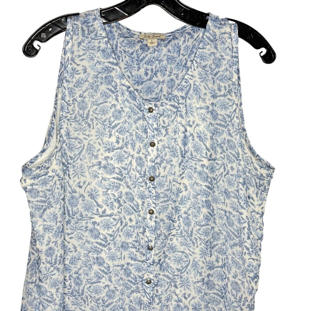 Lucky Brand Sleeveless Blue White Floral Midi Dress Size L Sheer Full Button